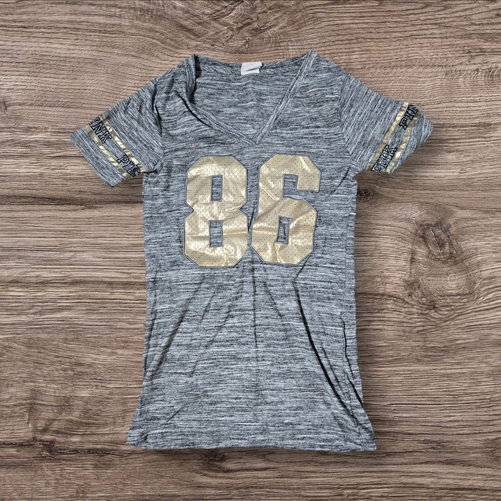 Victoria's Secret Pink Y2k Gray and Gold Number Football Style Tee Shirt